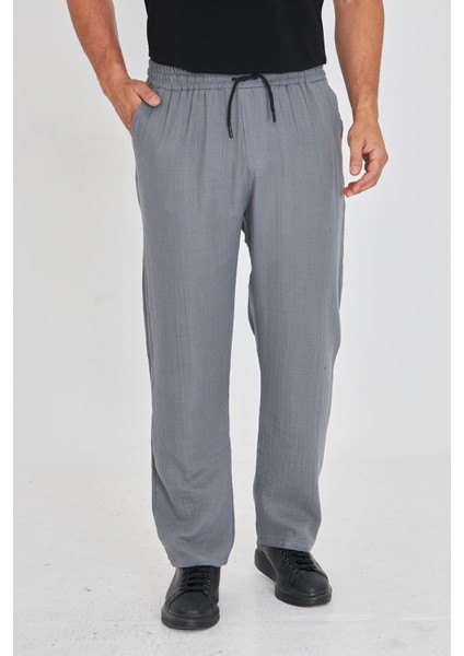 Erkek Baggy Müslin Keten Bel Bağcıklı Lastikli Düz Paça Pantolon indirimleri