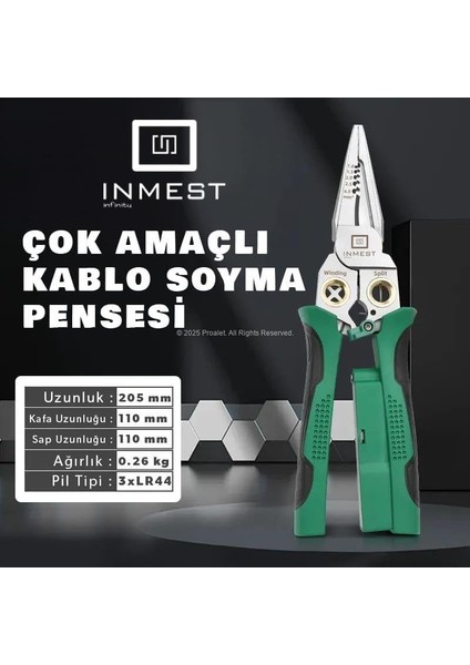 Inmest Çok Amaçlı Kablo Soyma Pensesi, Işıklı, Sesli, Faz-Notr Kontrol, Sıyırma, Kıvırma, Kablo Çekme, Ayırma, Elektrik Kontrolü, 8 Fonksiyonlu, Elektrikçi 8" (Pil Dahil) modelleri