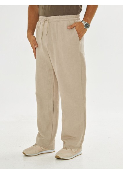 Erkek Baggy Müslin Keten Bel Bağcıklı Lastikli Düz Paça Pantolon