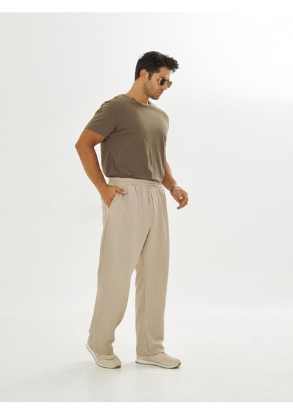 Erkek Baggy Müslin Keten Bel Bağcıklı Lastikli Düz Paça Pantolon modelleri