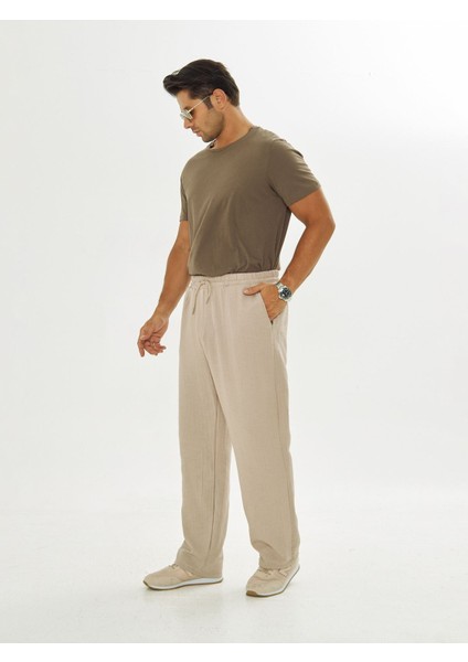 Erkek Baggy Müslin Keten Bel Bağcıklı Lastikli Düz Paça Pantolon fırsatları