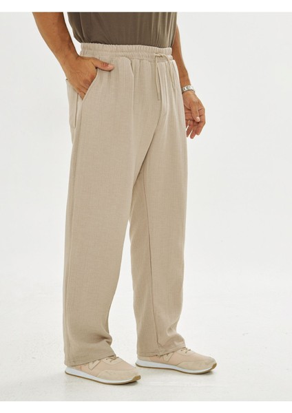Erkek Baggy Müslin Keten Bel Bağcıklı Lastikli Düz Paça Pantolon indirimleri