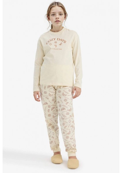 F6231A8ER91 Ekru Kız Çocuk Pijama Takımı Baskılı Uzun Kollu Üst Desenli Uzun Alt