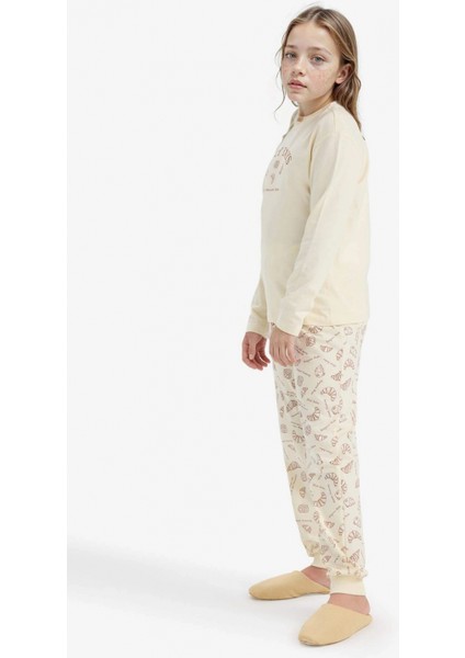 F6231A8ER91 Ekru Kız Çocuk Pijama Takımı Baskılı Uzun Kollu Üst Desenli Uzun Alt fiyatları