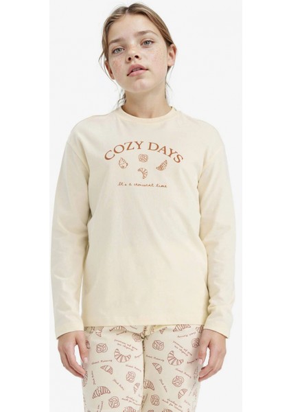 F6231A8ER91 Ekru Kız Çocuk Pijama Takımı Baskılı Uzun Kollu Üst Desenli Uzun Alt modelleri