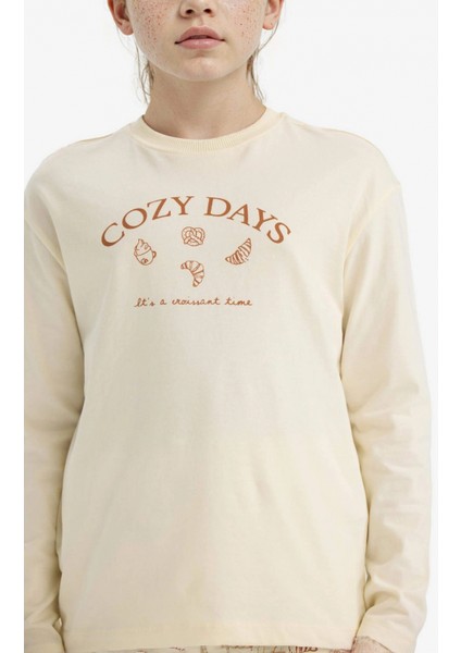 F6231A8ER91 Ekru Kız Çocuk Pijama Takımı Baskılı Uzun Kollu Üst Desenli Uzun Alt fırsatları