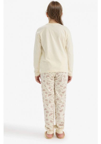 F6231A8ER91 Ekru Kız Çocuk Pijama Takımı Baskılı Uzun Kollu Üst Desenli Uzun Alt indirimleri