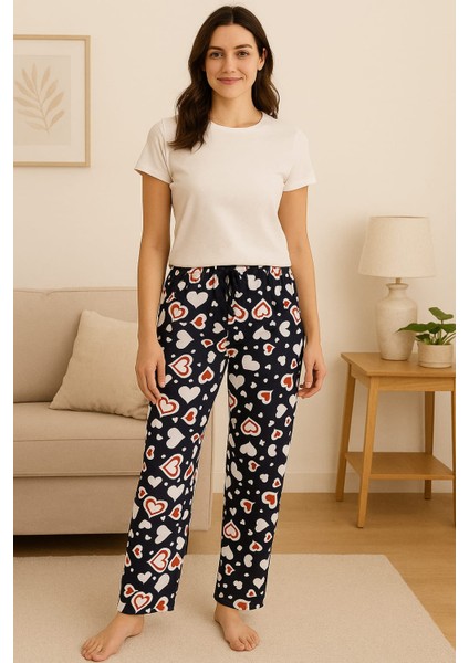 Kadın Mikro Süet Cepsiz Kışlık Ev Kalpli Çok Renkli Eşofman Altı