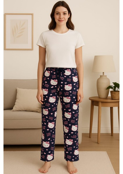 Kadın Mikro Süet Cepsiz Kışlık Ev Hello Kitty Eşofman Altı