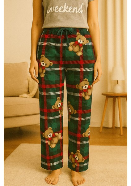 Kadın Mikro Süet Cepsiz Kışlık Ev Yeşil Ayıcıklı Çizgili Eşofman Altı