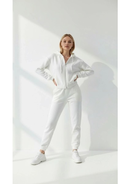 3 Iplik Şardonlu Kapşonlu Fermuarlı Kısa Üst Beyaz PAT8590 fiyatları