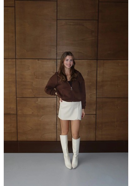 3 Iplik Şardonlu Kapşonlu Fermuarlı Kısa Üst Kahve PAT8590 modelleri