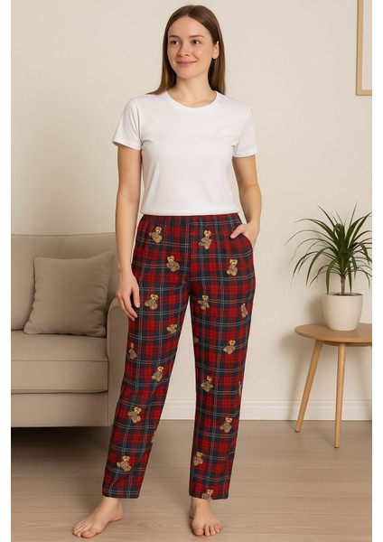 Kadın Mikro Süet Cepsiz Kışlık Ev Kare Çizgili Ayı Eşofman Altı