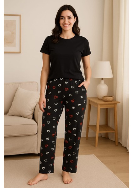 Kadın Mikro Süet Cepsiz Kışlık Ev Siyah Kalp Düz Eşofman Altı