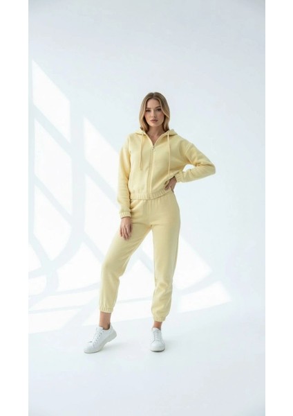 3 Iplik Şardonlu Kapşonlu Fermuarlı Kısa Üst Sarı PAT8590 fiyatları