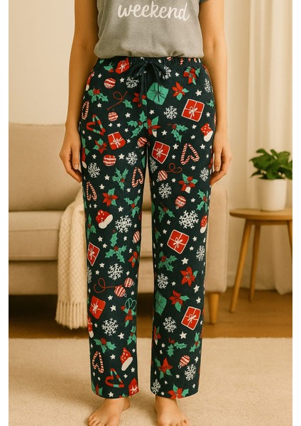 Kadın Mikro Süet Cepsiz Kışlık Ev Yılbaşı Süslü Yeşil Eşofman Altı