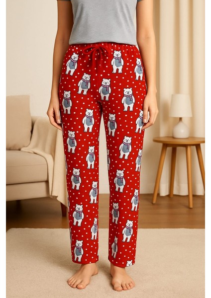 Kadın Mikro Süet Cepsiz Kışlık Ev Kutup Ayısı Noktalı Kırmızı Eşofman Altı