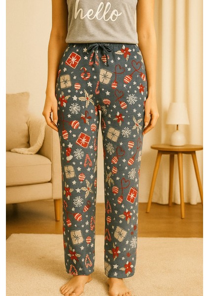 Kadın Mikro Süet Cepsiz Kışlık Ev Gri Yılbaşı Süslü Eşofman Altı