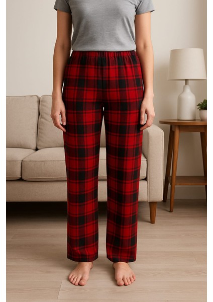 Kadın Mikro Süet Cepsiz Kışlık Ev Kırmızı Kare Çizgili Eşofman Altı