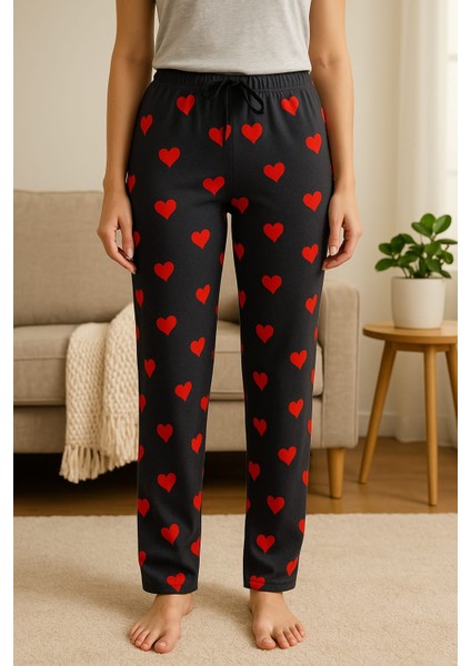 Kadın Mikro Süet Cepsiz Kışlık Ev Siyah Kalpli Eşofman Altı