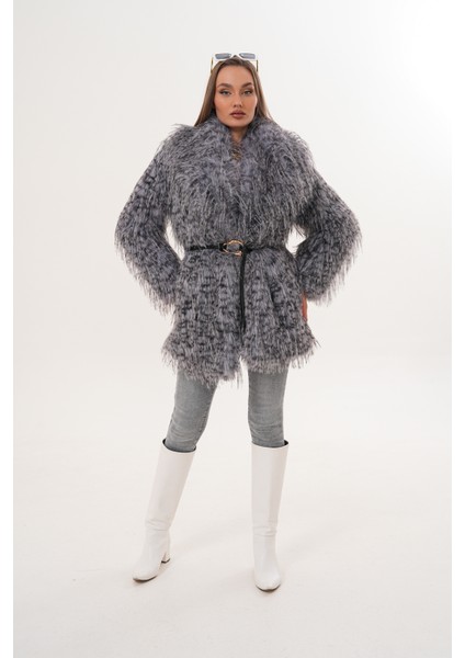 Midi Boy Uzun Tüylü Kemerli Leopar Şal Yaka Kaban