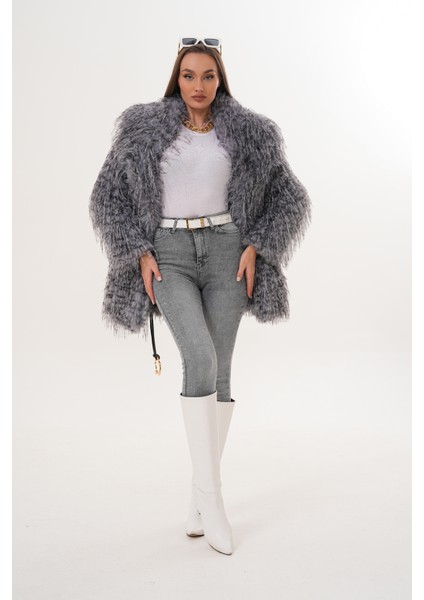 Midi Boy Uzun Tüylü Kemerli Leopar Şal Yaka Kaban modelleri