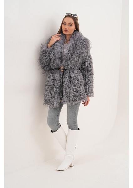 Midi Boy Uzun Tüylü Kemerli Leopar Şal Yaka Kaban