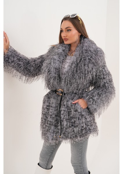 Midi Boy Uzun Tüylü Kemerli Leopar Şal Yaka Kaban