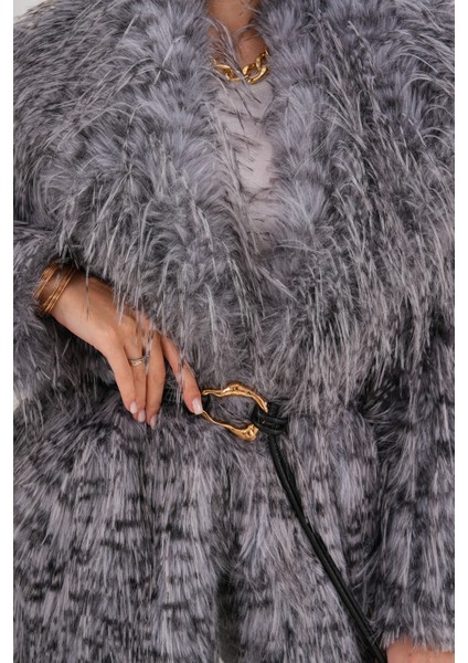 Midi Boy Uzun Tüylü Kemerli Leopar Şal Yaka Kaban