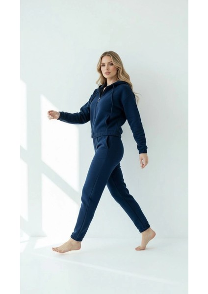 3 Iplik Şardonlu Kapşonlu Fermuarlı Kısa Üst Lacivert PAT8590 fiyatları