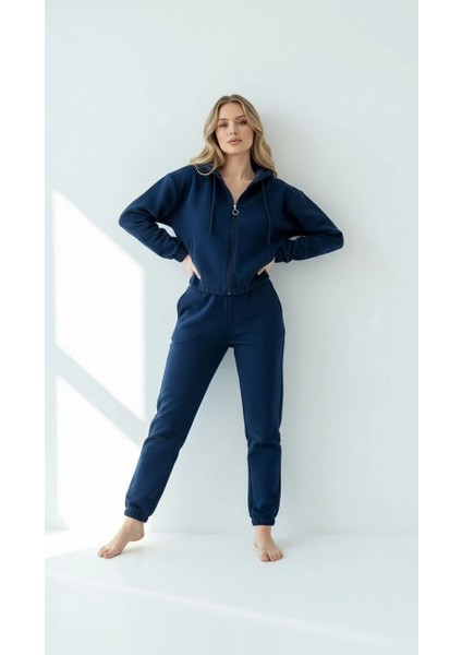 3 Iplik Şardonlu Kapşonlu Fermuarlı Kısa Üst Lacivert PAT8590 modelleri