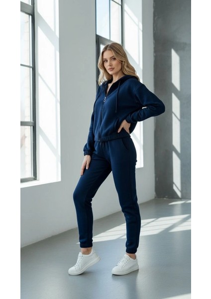 3 Iplik Şardonlu Kapşonlu Fermuarlı Kısa Üst Lacivert PAT8590 fırsatları