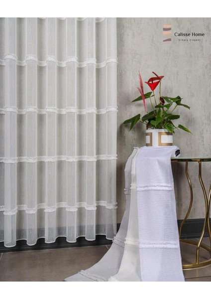 Ekru Bambu Kesmeli Şeritli Püsküllü Tül Perde Gramajlı 1/3 Sık Pileli