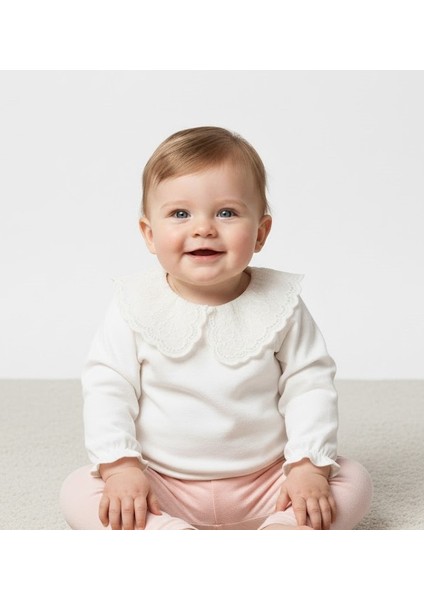 Kız Çocuk Beyaz Dantelli Yaka Uzun Kollu Bluz Iki Iplik %100 Pamuk