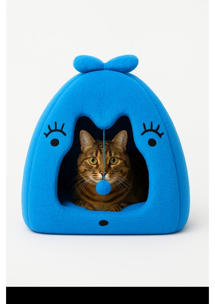 Peluş Kedi Evi – Yumuşak Dokulu, Kulaklı Tasarım, Ponpon Oyuncaklı, Kapalı Kedi Yatağı