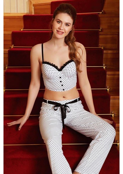 Arias Closet Fantezi Bralet Sütyen Pamuklu Puantiye Desenli Desteksiz Dantel Detaylı Pijama Takım fırsatları