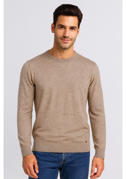 Erkek Triko Bisiklet Yaka Bej Yün Görünümlü Tüylenmez 3009