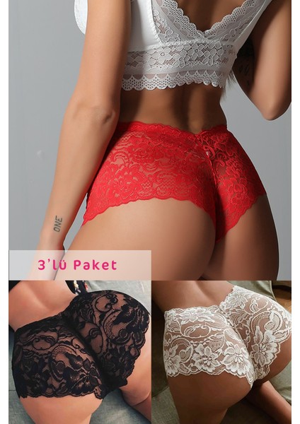 Kadın Siyah Beyaz Kırmızı 3'lü Paket Dantel Tanga Şort Külot