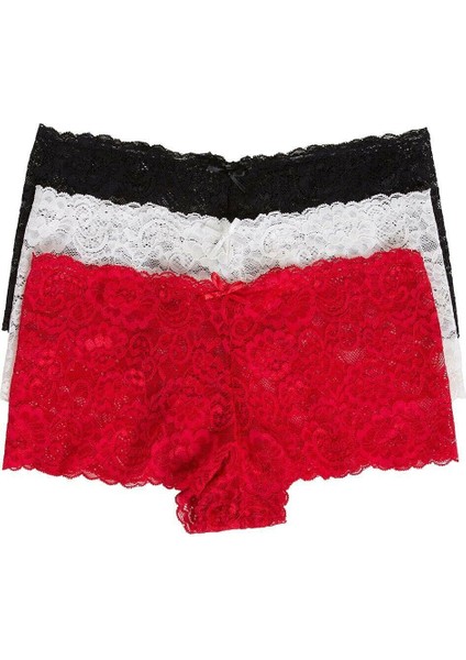 Kadın Siyah Beyaz Kırmızı 3'lü Paket Dantel Tanga Şort Külot fiyatları