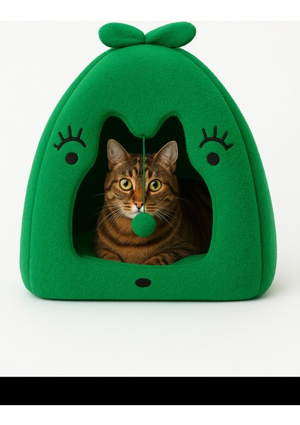 Peluş Kedi Evi – Yumuşak Dokulu, Kulaklı Tasarım, Ponpon Oyuncaklı, Kapalı Kedi Yatağı
