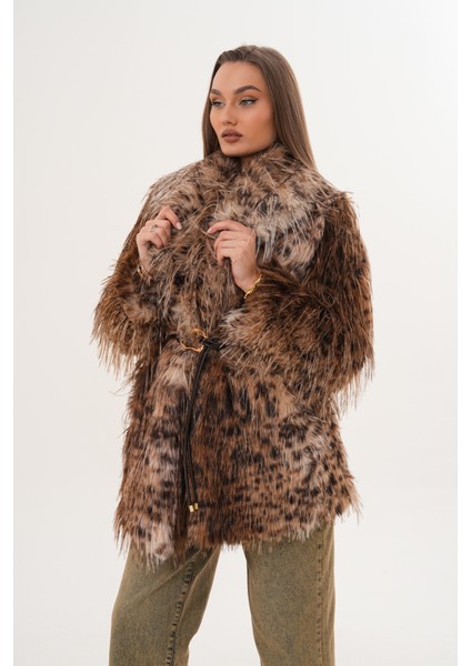 Midi Boy Uzun Tüylü Kemerli Leopar Şal Yaka Kaban