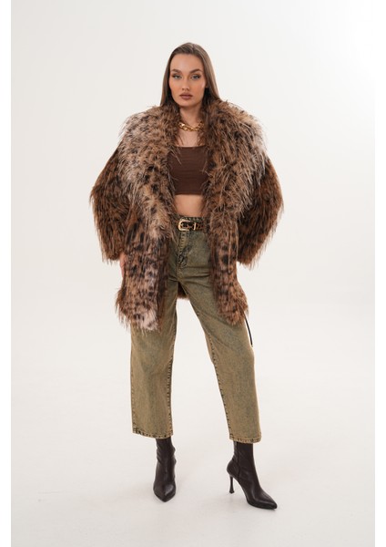 Midi Boy Uzun Tüylü Kemerli Leopar Şal Yaka Kaban modelleri