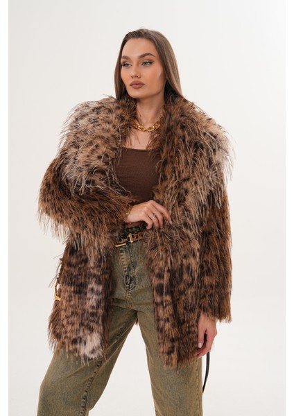 Midi Boy Uzun Tüylü Kemerli Leopar Şal Yaka Kaban fırsatları