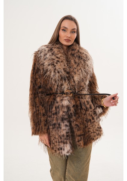 Midi Boy Uzun Tüylü Kemerli Leopar Şal Yaka Kaban indirimleri