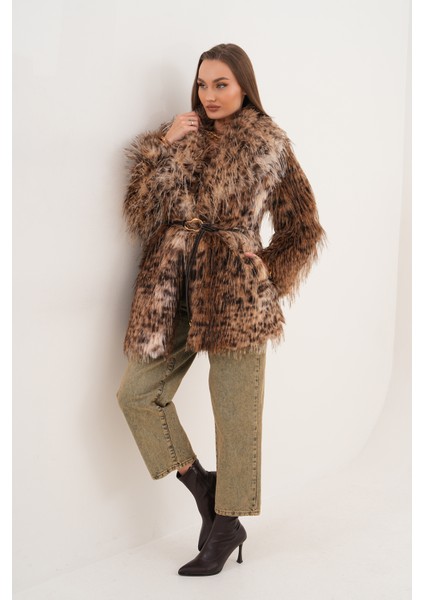 Midi Boy Uzun Tüylü Kemerli Leopar Şal Yaka Kaban