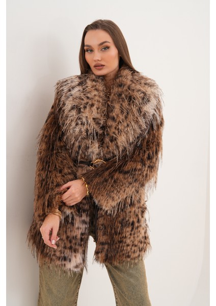 Midi Boy Uzun Tüylü Kemerli Leopar Şal Yaka Kaban