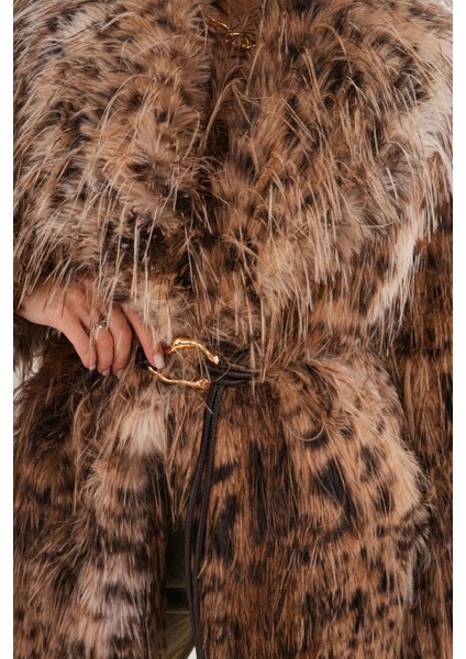 Midi Boy Uzun Tüylü Kemerli Leopar Şal Yaka Kaban