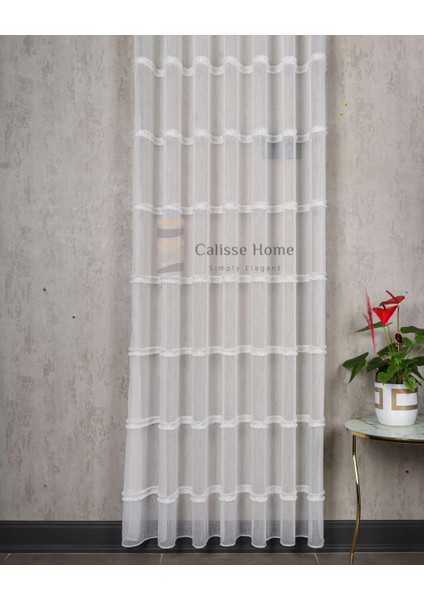 Ekru Bambu Kesmeli Şeritli Püsküllü Tül Perde Gramajlı 1/3 Sık Pileli