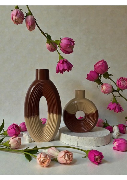 Iskandinav Dekoratif Oval Çift Renk Vazo – Kahve Bej