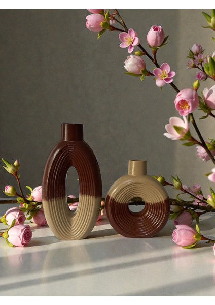 Iskandinav Dekoratif Oval Çift Renk Vazo – Kahve Bej fiyatları